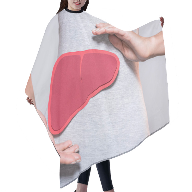 Personality  Partial View Of Woman With Paper Made Human Liver On Grey Background Hair Cutting Cape