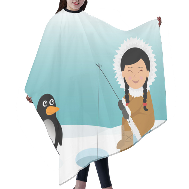 Personality  Eskimo And Penguin Fishing For Fish. Concept Background Trip To Greenland Hair Cutting Cape