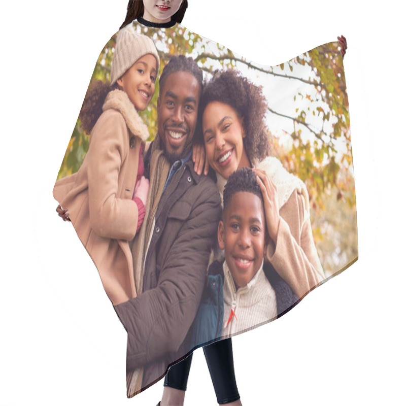 Personality  Portrait Of Smiling Family On Walk Through Countryside Against Autumn Trees Hair Cutting Cape