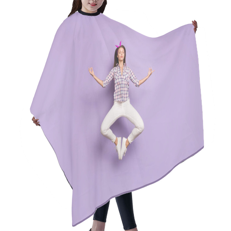 Personality  Full Length Body Size View Of Her She Nice Attractive Lovely Sweet Serene Calm Girl Jumping Meditating Asana Pose Position Isolated Over Violet Purple Lilac Pastel Color Background Hair Cutting Cape