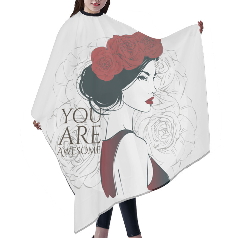 Personality  Portrait Of Young Beautiful Woman With Red Roses In Hair. Vector Hand Drawn Illustration. Hair Cutting Cape