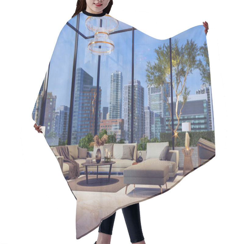 Personality  Night Scene Modern Living Room With Metropolis View Background 3d Render,The Rooms Have White Marble Floors ,decorate With Gray Fabric Furniture Hair Cutting Cape