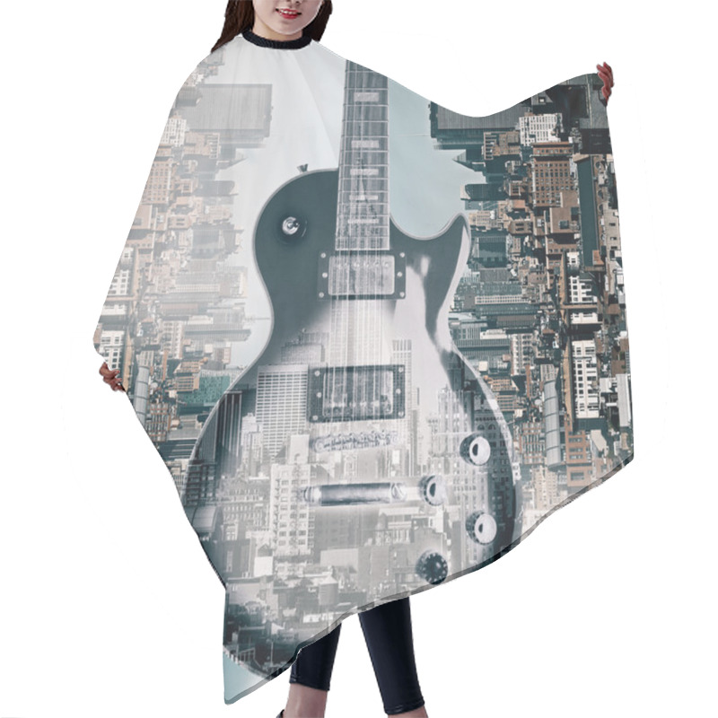 Personality  Abstract Image Of Guitar On Creative City Background. Double Exposure. Music Concept Hair Cutting Cape