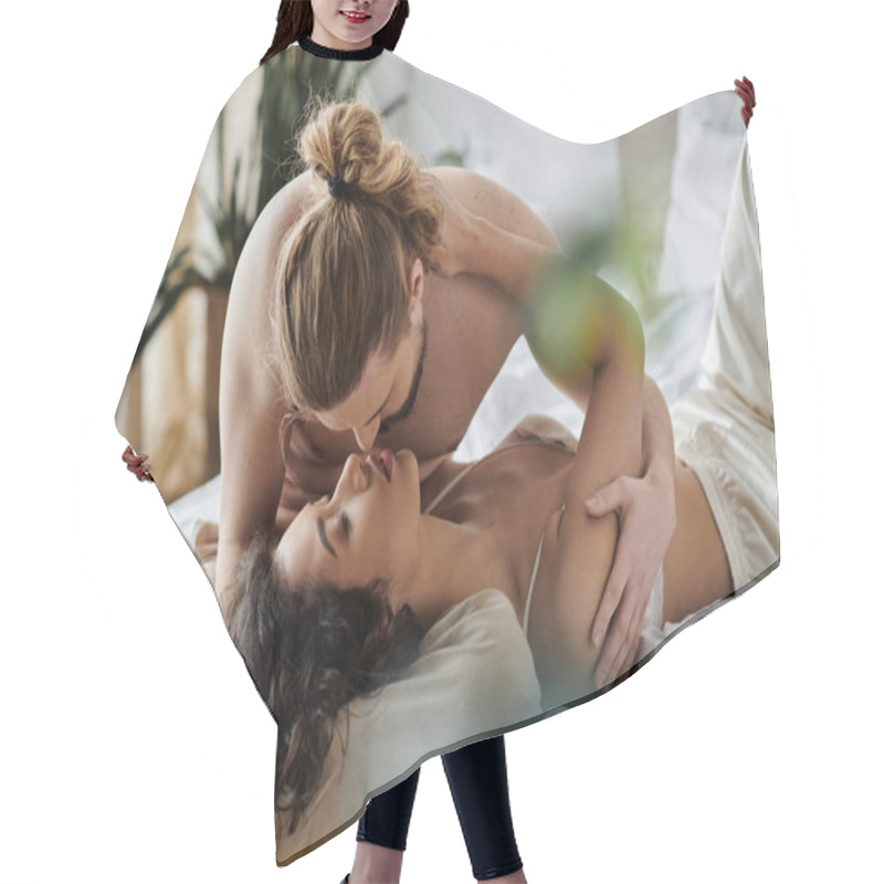 Personality  A Couple Is Lying In Bed, Sharing A Loving Embrace. Hair Cutting Cape