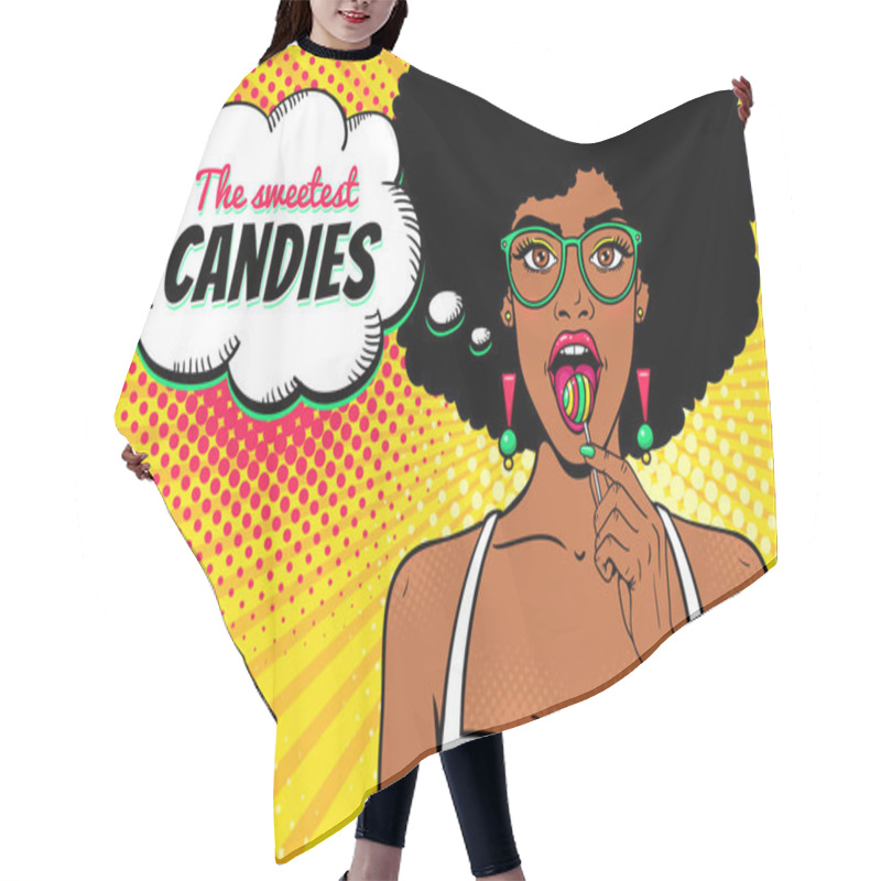 Personality  Wow Female Face. Sexy African American Girl In Glasses With Afro Hair, Open Mouth, Bright Lollipop In Her Hand And The Sweetest Candies Speech Bubble. Vector Background In Pop Art Retro Comic Style.  Hair Cutting Cape