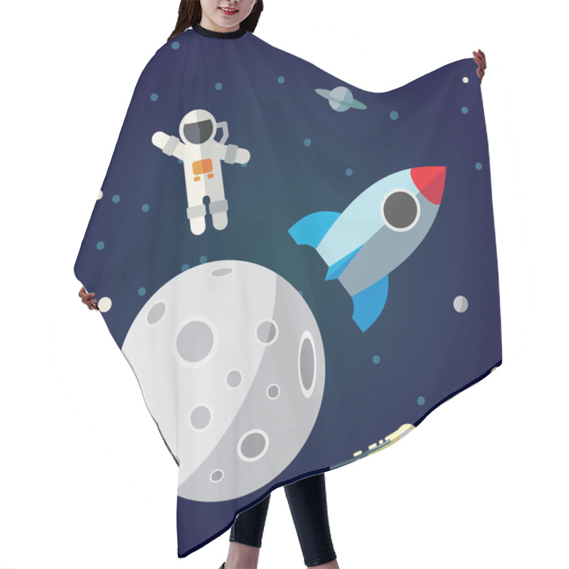 Personality   The Astronaut And Rocket On The Moon Background. Flat Space Theme Illustration. Hair Cutting Cape