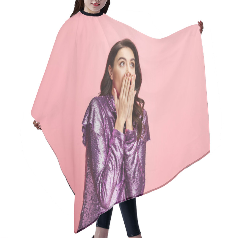 Personality  Woman Covering Mouth With Hands, Expressing Surprise Or Shock. Hair Cutting Cape