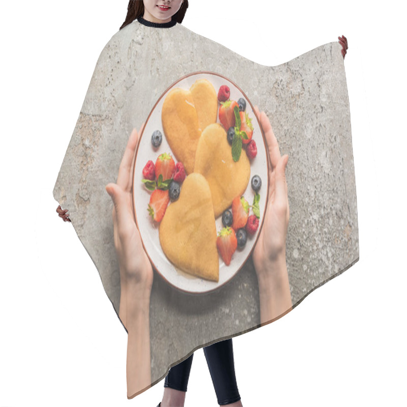 Personality  Cropped View Of Woman Holding Plate With Heart Shaped Pancakes And Berries On Grey Concrete Surface Hair Cutting Cape