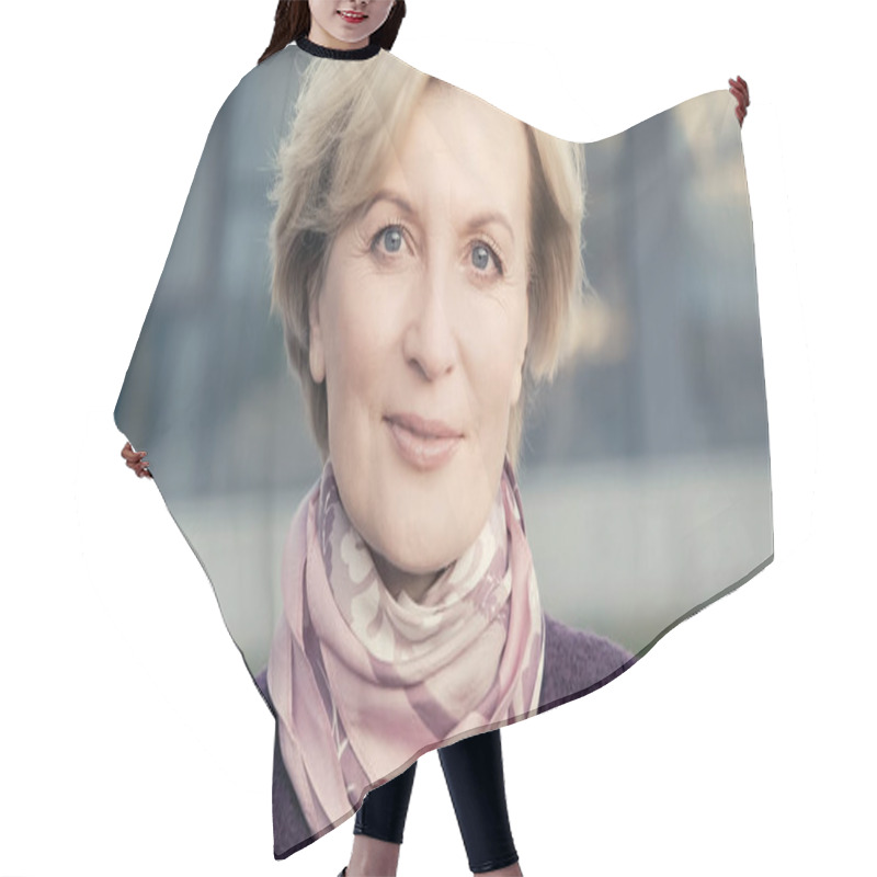 Personality  Positive Middle Aged Woman In Neck Scarf Looking At Camera Outdoors Hair Cutting Cape