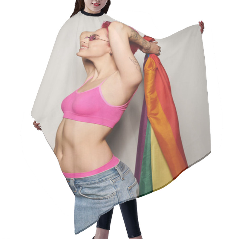 Personality  Young And Jolly Female Activist With Pink Hair And Sunglasses Posing With Lgbt Rainbow Flag On Grey Hair Cutting Cape