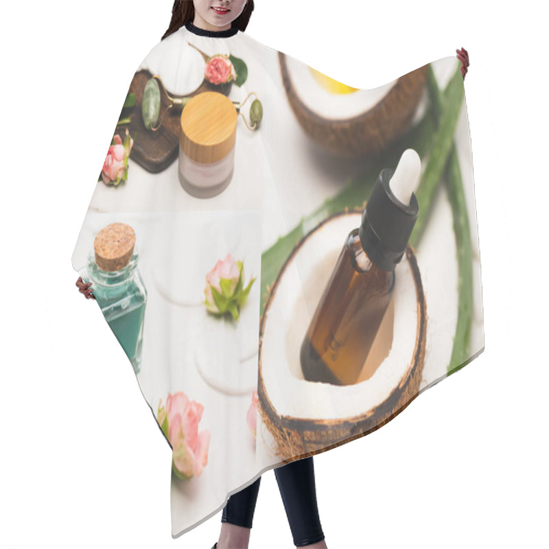 Personality  Collage Of Coconut Halves, Bottle Of Essential Oil, Aloe Vera Leaves, Homemade Cosmetics, And Jade Roller On Chopping Board On White Surface Hair Cutting Cape