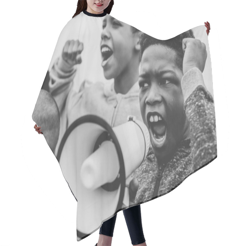 Personality  Young Boy Shouting On A Megaphone In A Protest Hair Cutting Cape