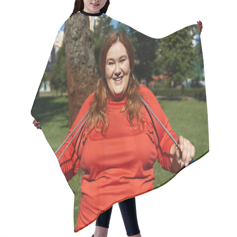 Personality  A Woman Embraces Fitness While Smiling In A Vibrant Park Setting. Hair Cutting Cape