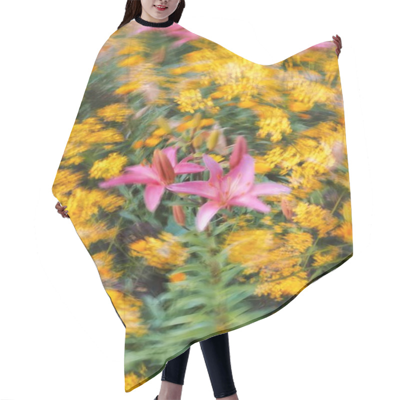 Personality  Delicate Pink Lilies Bloom Among Vibrant Yellow Flowers In A Lively Garden. Hair Cutting Cape