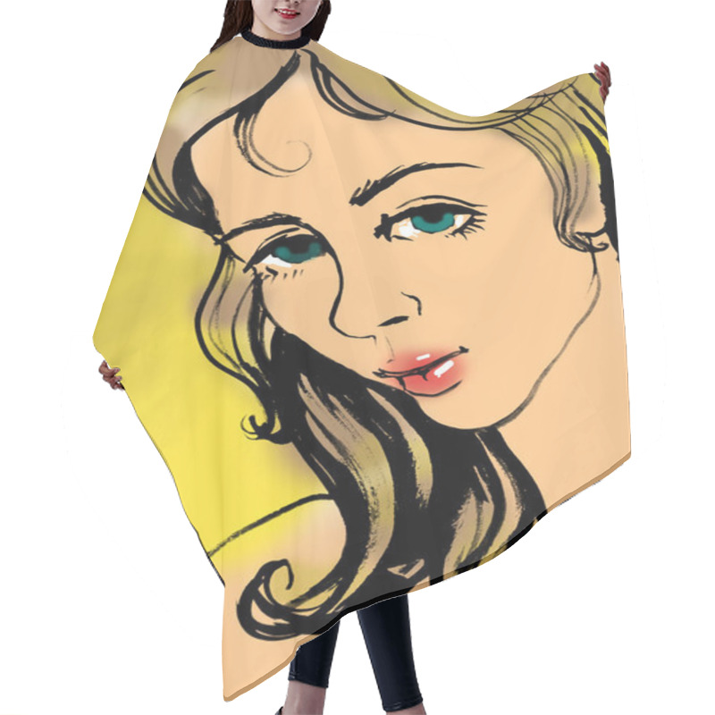 Personality  Girl With Long Hair, Sketch Art   Hair Cutting Cape