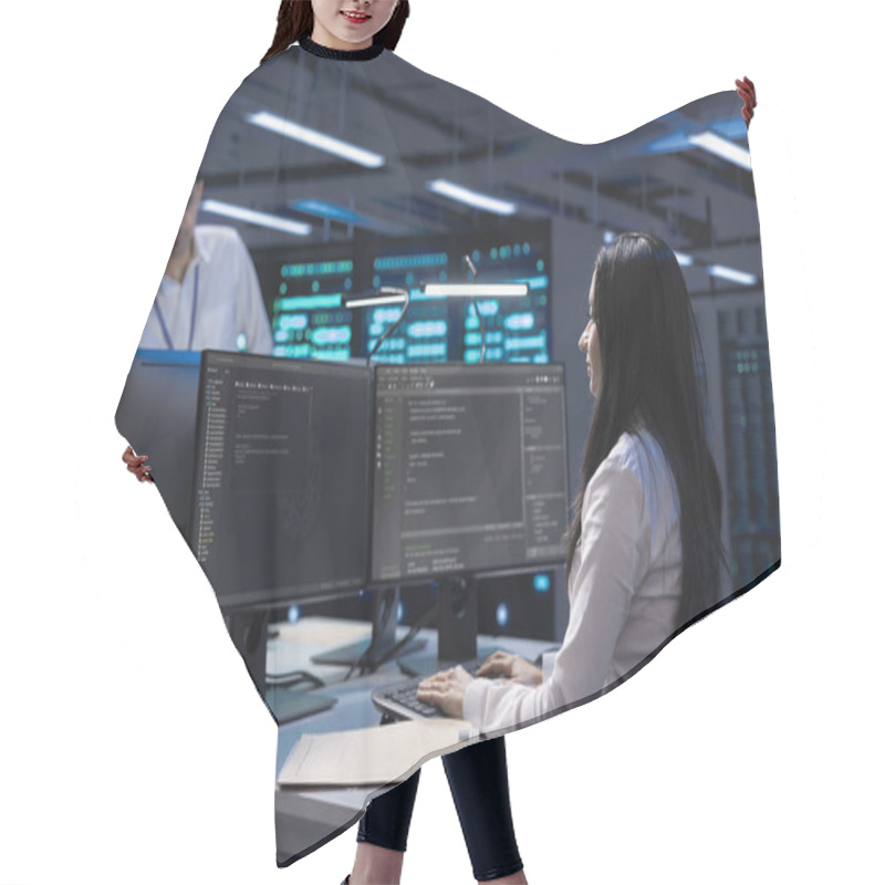 Personality  Software Developer Using Computer, Optimizing Data Center Performance. Woman Coding On PC, Troubleshooting Mainframes, Ensuring Optimal Performance And Minimizing Downtime Hair Cutting Cape