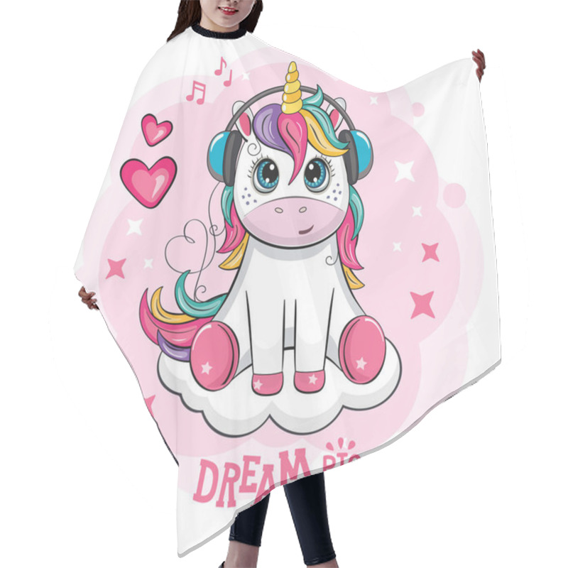 Personality  A Cute Little Unicorn With Headphones Is Sitting On The Cloud. Romantic Story. Wonderland. Cartoon Illustration With Clouds, Stars And Hearts. Vector. Hair Cutting Cape