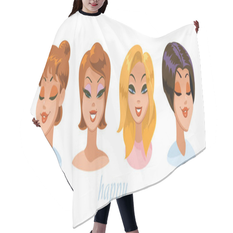 Personality  Various Women Character Expressions Set. Happy. Hair Cutting Cape