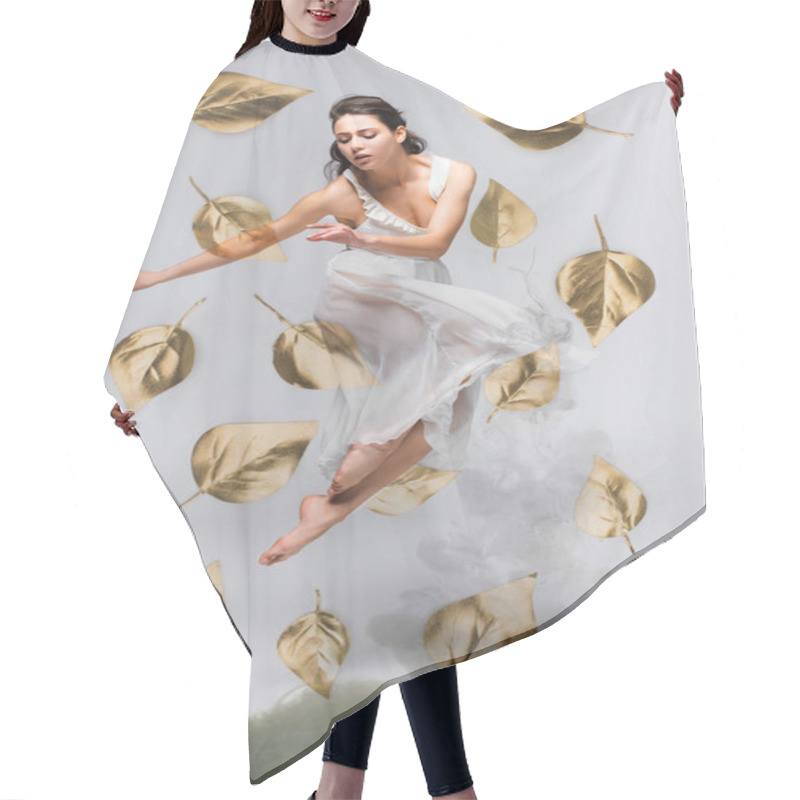 Personality  Beautiful Ballerina In White Dress Dancing Surrounded By Falling Leaves Near Grey Smoke On Grey Background Hair Cutting Cape