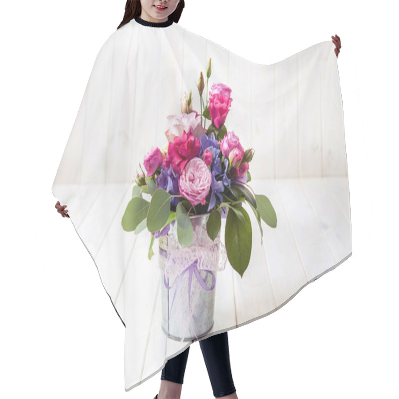 Personality  Flowers. Bouquet Of Roses In A Bucket Hair Cutting Cape