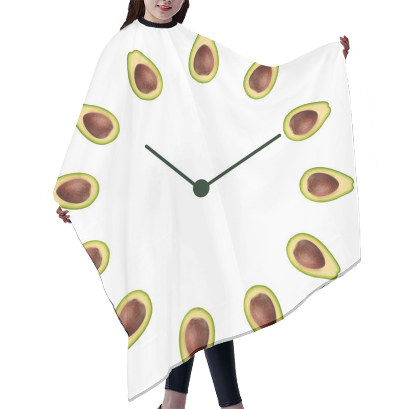 Personality  Half Ripe Green Avocado With Bone On The Clock Face With Arrows As Illustration Time Healthy Lifestyle, Emblem Proper Nutrition Vegetarian Diet Bio Brand Quility Restaurant. Copy Space Flatlay Hair Cutting Cape