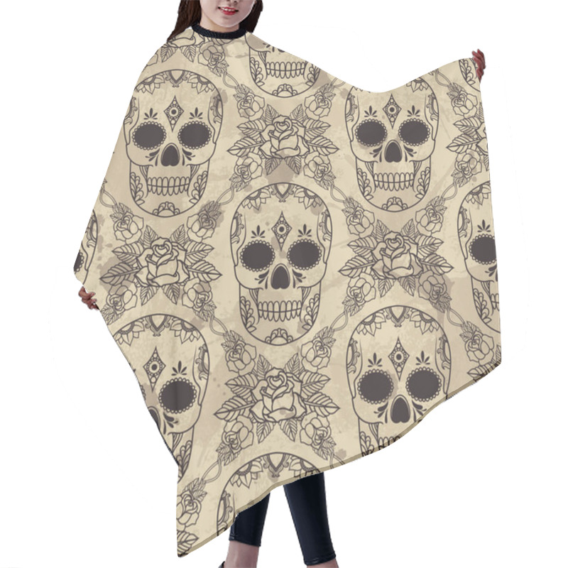 Personality  Vector Seamless Pattern With Skulls And Roses Hair Cutting Cape