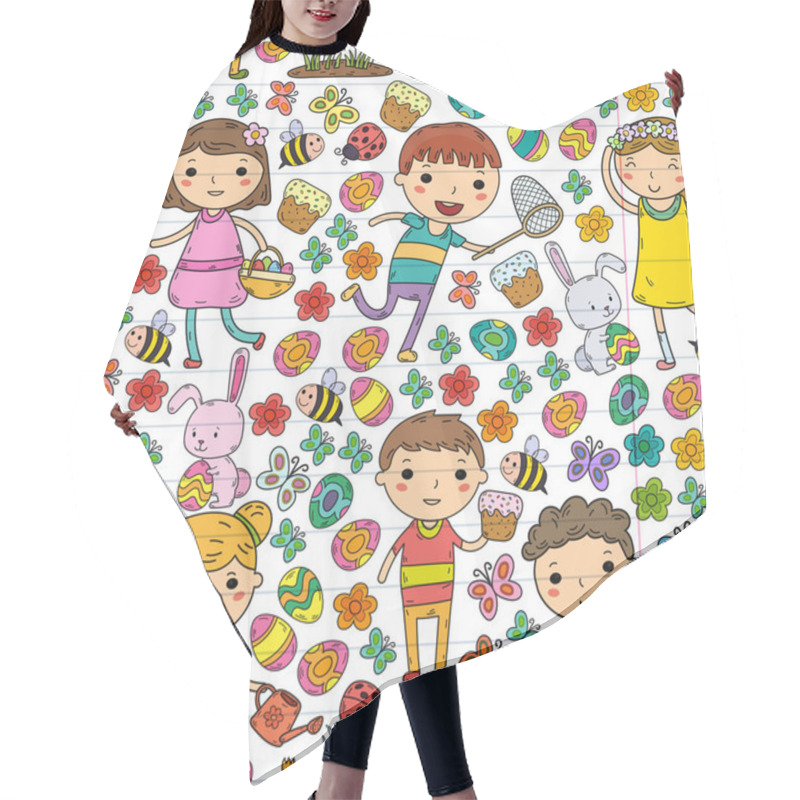 Personality  Spring. Easter. Little Garden. Children Play. Easter Cake, Bunny, Rabbit. Boys And Girls. Kindergarten Or School Spring Vacation. Butterfly, Bee And Flowers. Vector Doodle Image Hair Cutting Cape