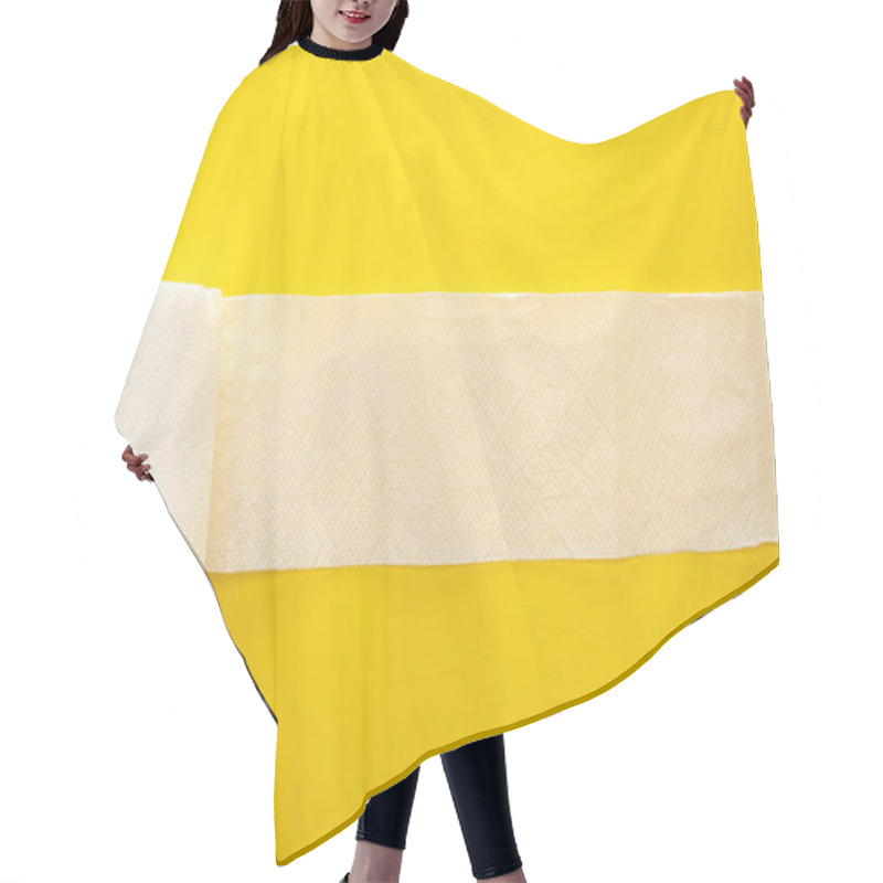 Personality  Top View Of Unrolled White Toilet Paper On Yellow Background Hair Cutting Cape