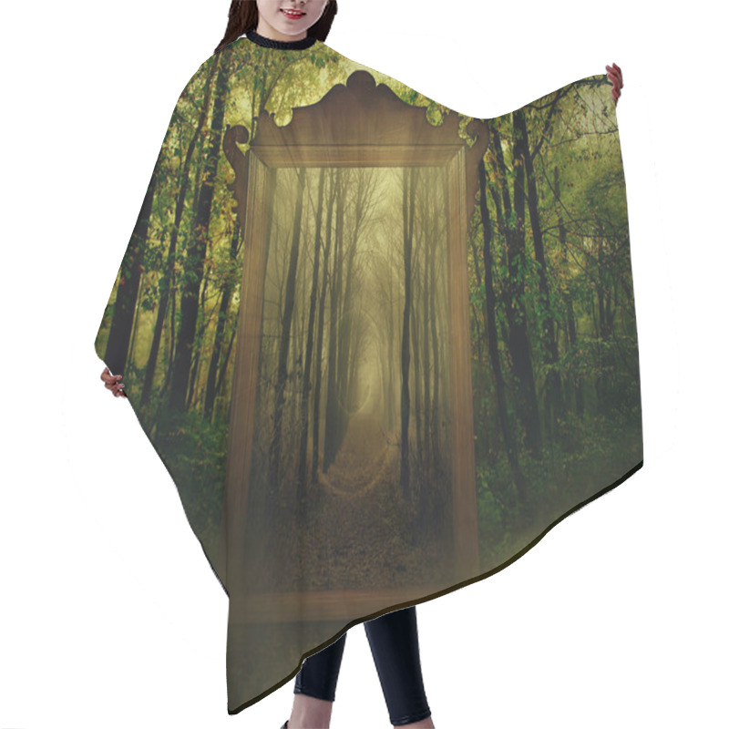 Personality  Mysterious Magical Mirror In A Wood. Dark Fantasy Concept Artistic Design Raster Illustration. Mirror Magical, Fortune Telling And Fulfillment Of Desires. Hair Cutting Cape