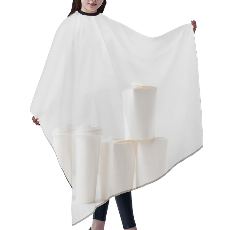 Personality  Take Away Boxes And Coffee In Paper Cups On White Table Hair Cutting Cape