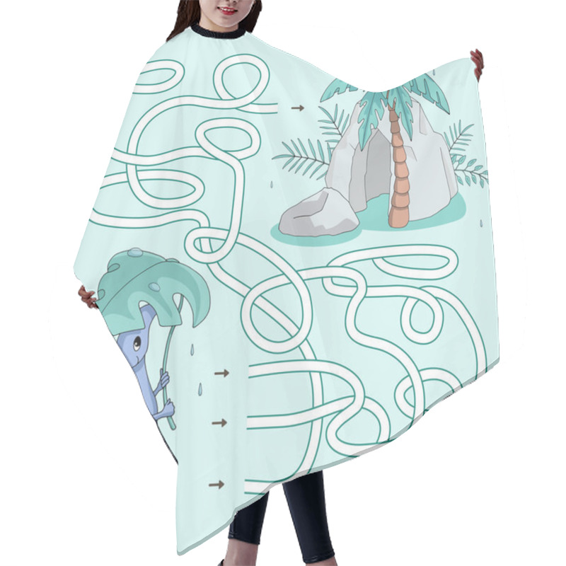 Personality  Labyrinth. Maze Game For Kids. Help Cute Cartoon Dinosaur To Hide From The Rain. Find Path To The Cave. Vector Illustration. Green And Turquoise Pastel Colors. Hair Cutting Cape