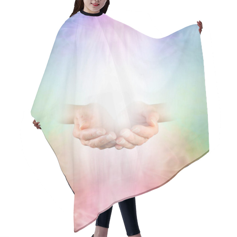 Personality  Ask Believe Receive In The Healing Power Of Loving Kindness - Female  Cupped Hands Emerging From Multicoloured Ethereal Background With Copy Space Above And Below                               Hair Cutting Cape