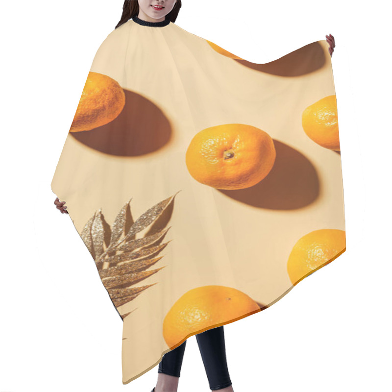 Personality  Top View Of Tangerines And Golden Twig On Beige Backdrop Hair Cutting Cape