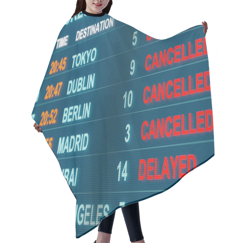 Personality  Airport Flight Table. Cancelled Flights To Dublin, Berlin, Madrid Or Dubai. Arrival And Departure Board. Flights Are Cancelled Or Delayed. Tourism And Travel. 3D Illustration Hair Cutting Cape