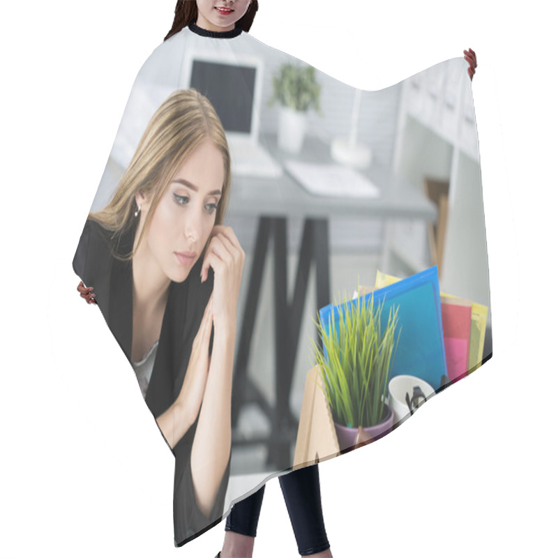 Personality  Young Dismissed Female Worker In Office Sitting Near Carton Box Hair Cutting Cape