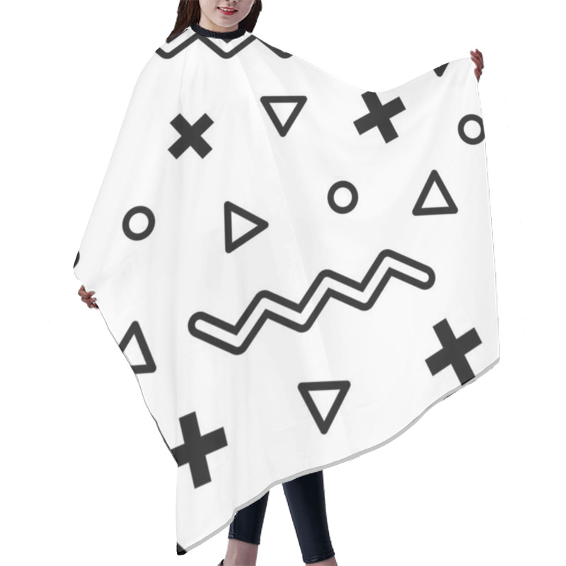 Personality  Black Geometric Shapes Including Plus Signs, Triangles, Circles And Zigzag Lines Create A Dynamic And Modern Seamless Pattern On A White Background, Evoking A Retro 80s Or 90s Aesthetic Hair Cutting Cape