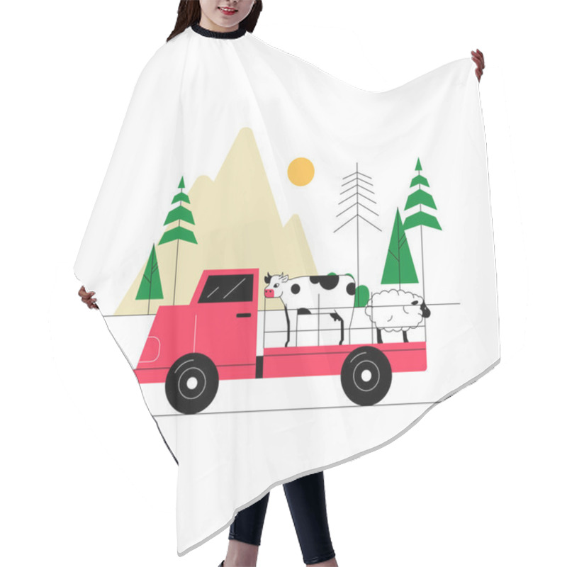 Personality  Red Truck Transporting A Cow And A Sheep In A Rural Countryside Setting With Trees, Mountains, And The Sun In The Background, Symbolizing Livestock Farming And Agriculture. Hair Cutting Cape