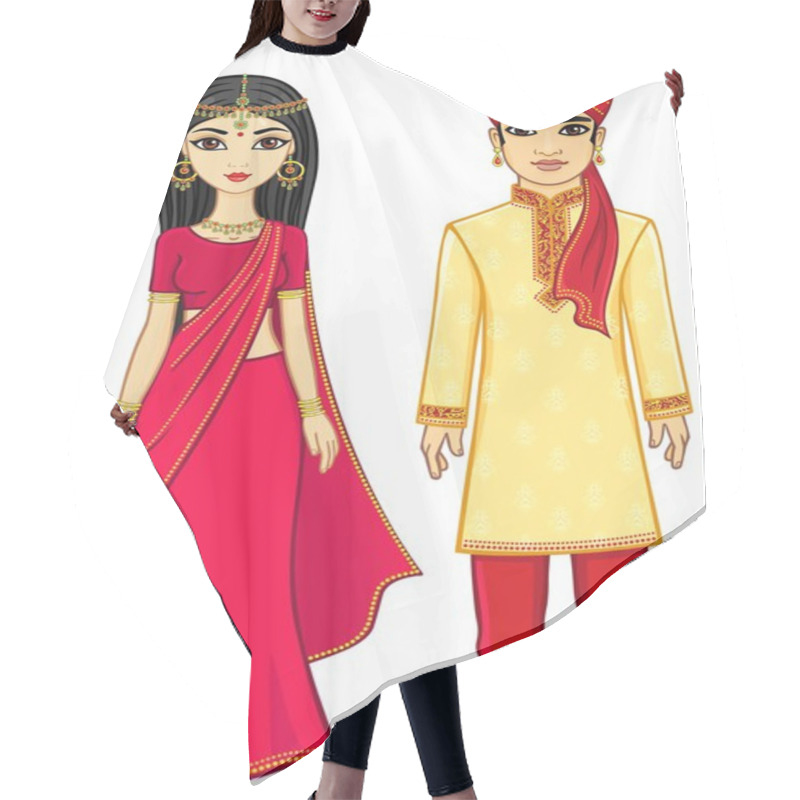 Personality  Animation Indian Family. Full Growth. Isolated On A White Background. Hair Cutting Cape