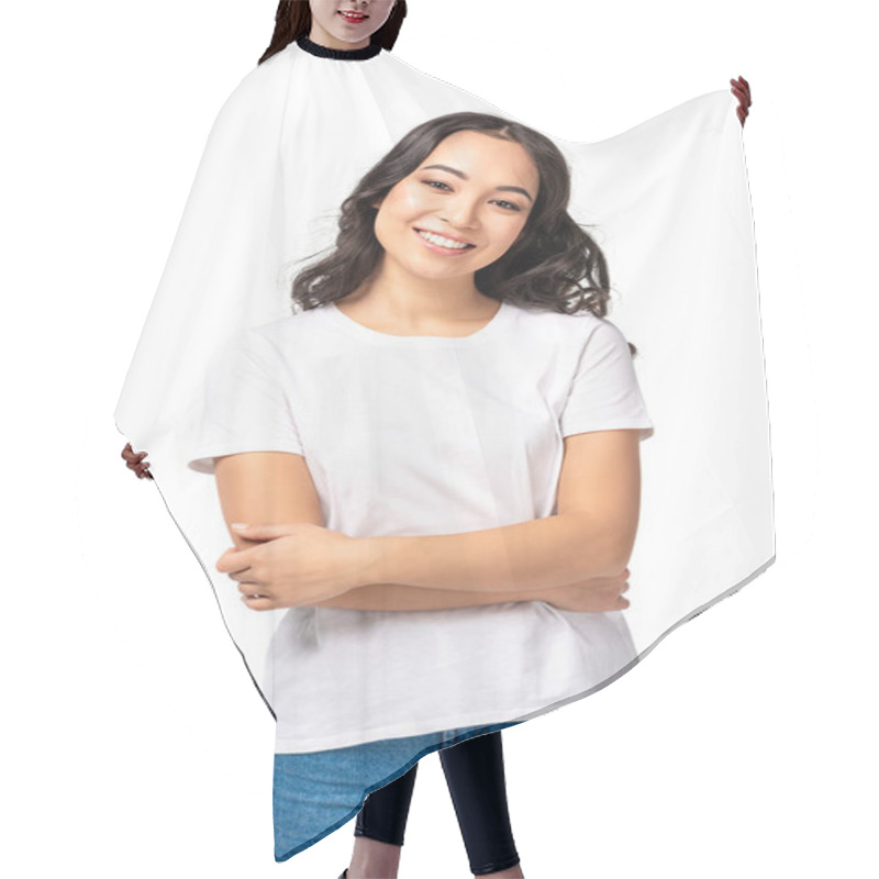 Personality  Smiling Asian Young Woman In White T-shirt Standing With Crossed Arms Isolated On White Hair Cutting Cape