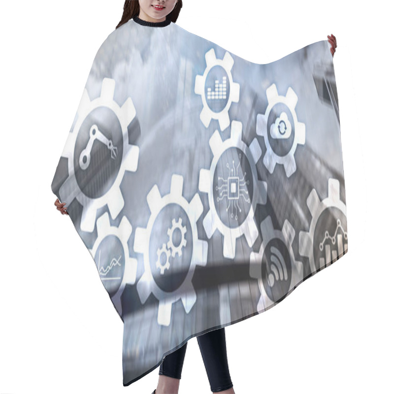 Personality  Automation Technology And Smart Industry Concept On Blurred Abstract Background. Gears And Icons. Hair Cutting Cape