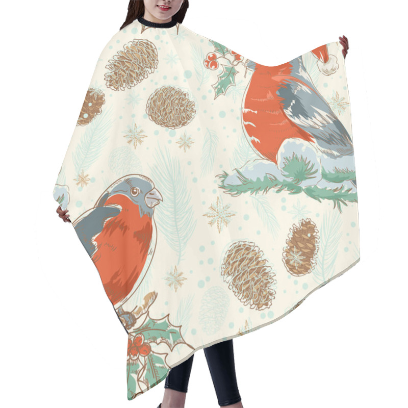 Personality  Christmas Seamless Retro Background With Bullfinch Bird Hair Cutting Cape