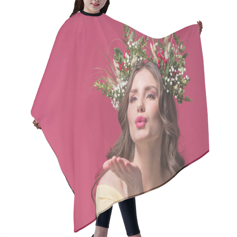 Personality  Beautiful Girl With Flowers And Herbs Wreath On Head Sending Air Kiss Isolated On Burgundy Hair Cutting Cape