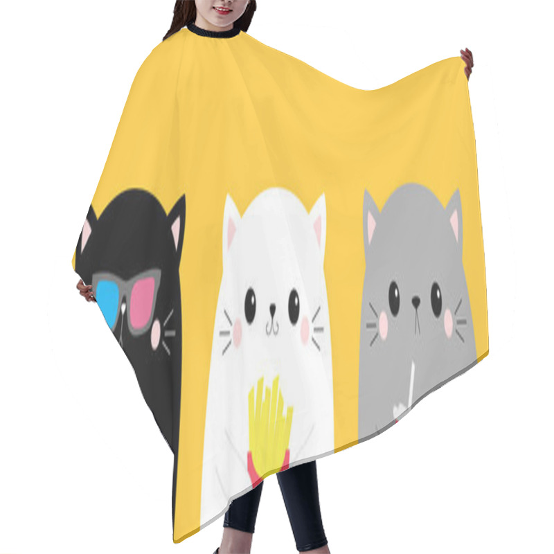 Personality  Cat Set. Popcorn, French Fries, Soda. Cute Cartoon Funny Character. Cinema Theater. Film Show. Kitten In 3D Glasses Watching Movie. Kids Print For Notebook Cover. Yellow Background. Flat Design Vector Hair Cutting Cape