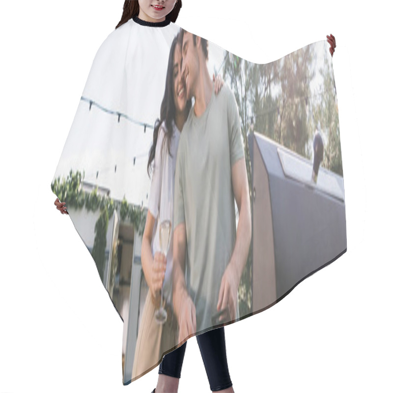 Personality  Low Angle View Of Woman Holding Vine And Hugging Boyfriend Near Grill And Camper Van, Banner  Hair Cutting Cape