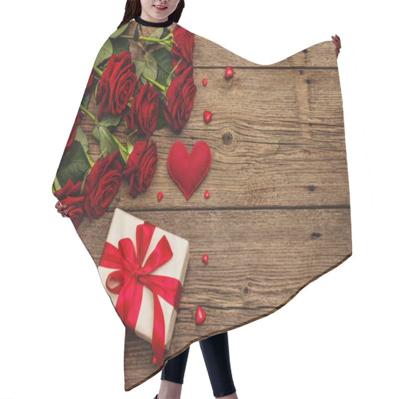 Personality  Valentine Greeting Card Background With Gift Boxes, Fresh Burgundy Roses And Assorted Hearts. Vintage Wooden Table. Wedding Or Birthday Concept, Place For Text, Flat Lay Hair Cutting Cape