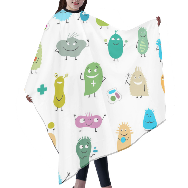 Personality  Funny And Scary Bacteria Characters. Vector Seamless Background Of Gut And Intestinal Flora, Germs, Virus. Hair Cutting Cape