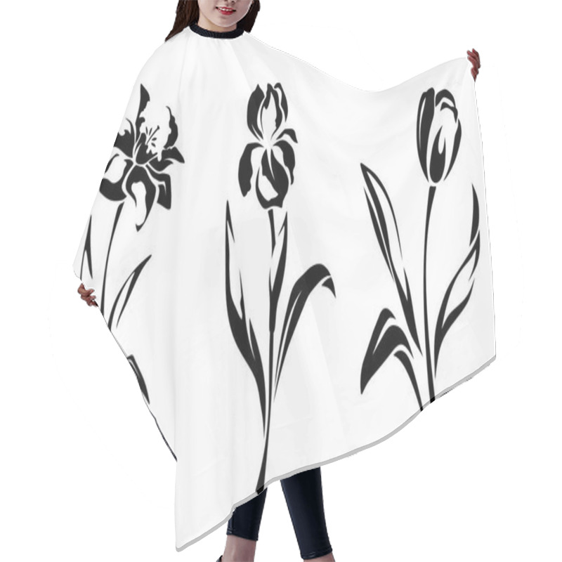 Personality  Narcissus, Iris, And Tulip Flowers. Set Of Black Silhouettes Of Flowers Isolated On A White Background. Vector Illustration Hair Cutting Cape