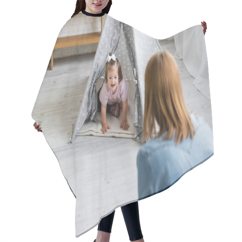 Personality  Blurred Kindergarten Teacher Looking At Happy Kid With Down Syndrome Sitting In Tipi Hair Cutting Cape