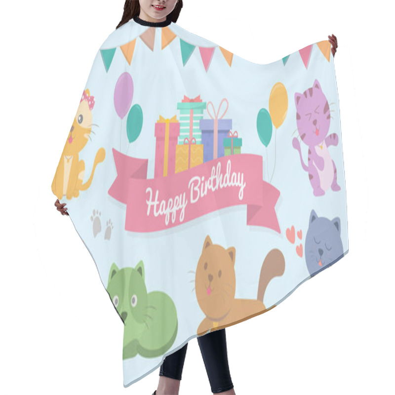 Personality  Happy Birthday Card For Cat Lover, Greeting Card With Cute Cats And Gifts. Vector Illustration. Hair Cutting Cape