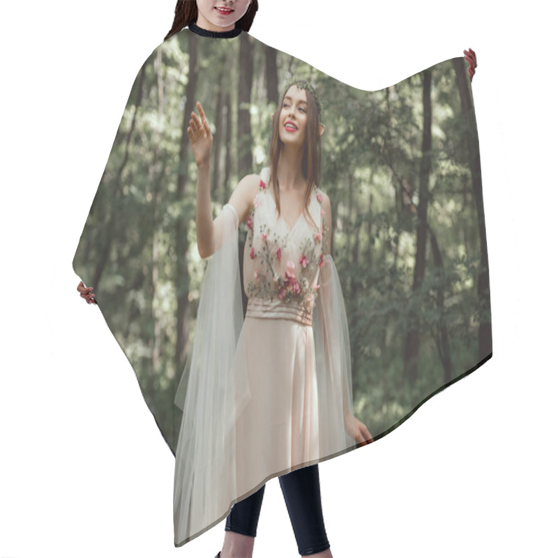 Personality  Happy Elf Girl In Elegant Dress With Flowers In Woods Hair Cutting Cape